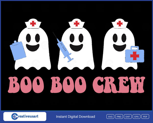 Boo Boo Crew nurse ghosts Halloween SVG design, three ghosts in nurse caps with a clipboard, syringe and first aid kit