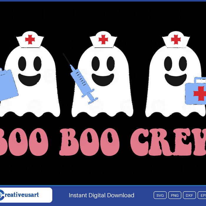 Boo Boo Crew nurse ghosts Halloween SVG design, three ghosts in nurse caps with a clipboard, syringe and first aid kit