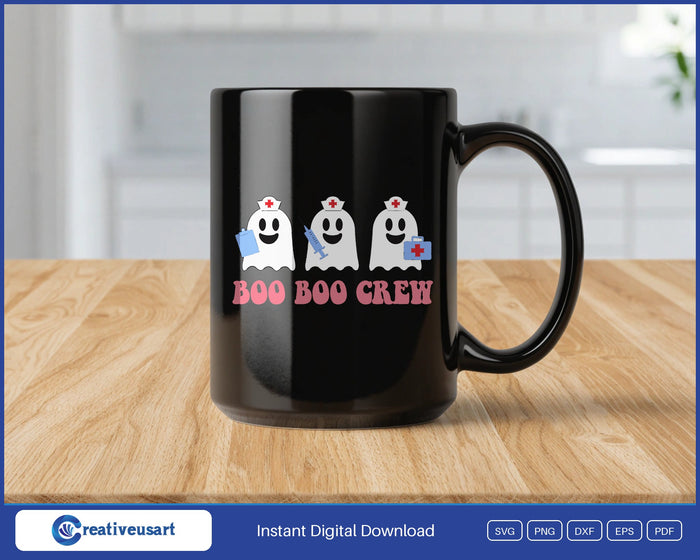 Boo Boo Crew nurse ghosts Halloween design on a black coffee mug