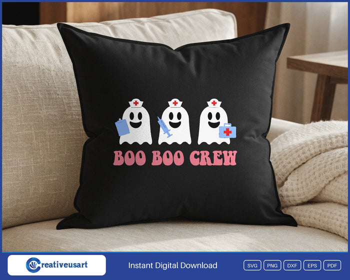Boo Boo Crew nurse ghosts Halloween design on a black throw pillow