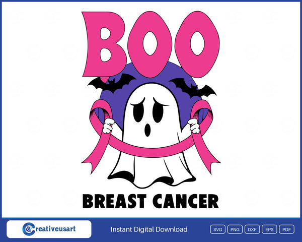 Boo Breast Cancer sheet ghost holding a pink ribbon with bats and a purple moon SVG design on a white background