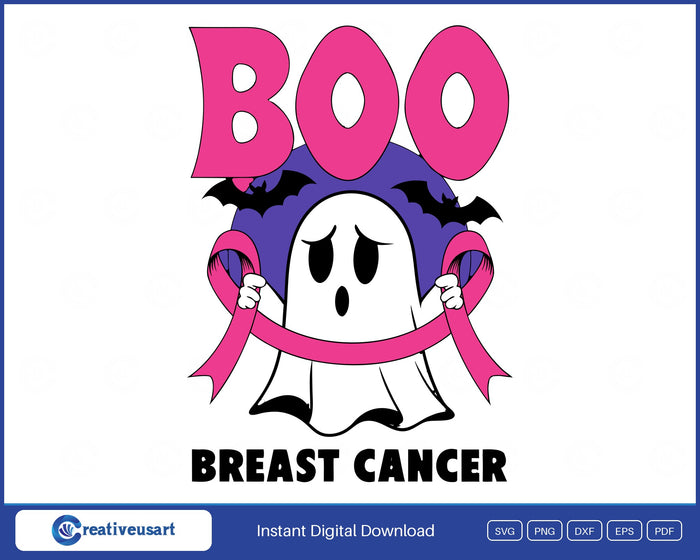 Boo Breast Cancer sheet ghost holding a pink ribbon with bats and a purple moon SVG design on a white background
