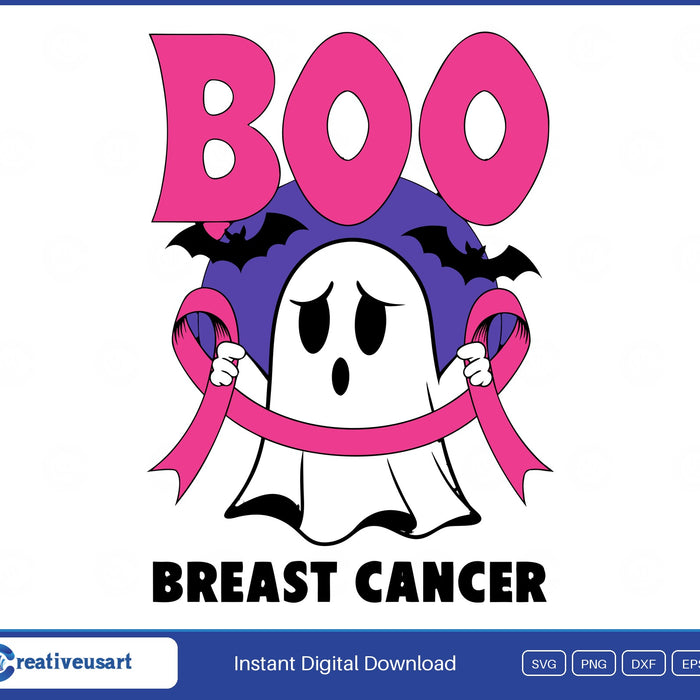 Boo Breast Cancer sheet ghost holding a pink ribbon with bats and a purple moon SVG design on a white background