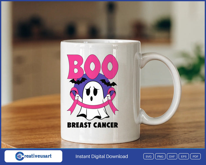Boo Breast Cancer sheet ghost holding a pink ribbon SVG design on a white coffee mug