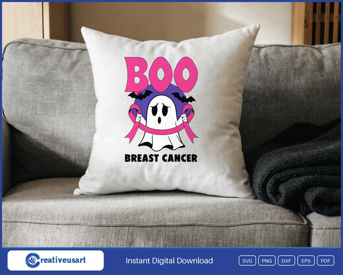 Boo Breast Cancer sheet ghost holding a pink ribbon SVG design on a white throw pillow