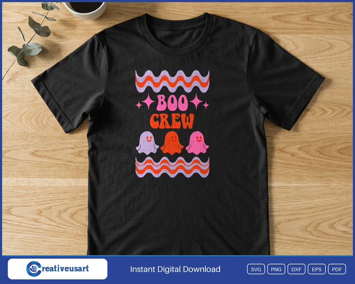 Boo Crew groovy ghosts Halloween SVG printed on a black t-shirt