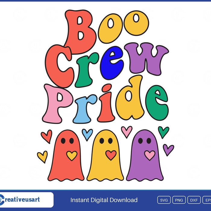 Boo Crew Pride rainbow ghosts Halloween SVG design on white background