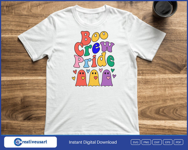 Boo Crew Pride rainbow ghosts Halloween SVG printed on a white t-shirt