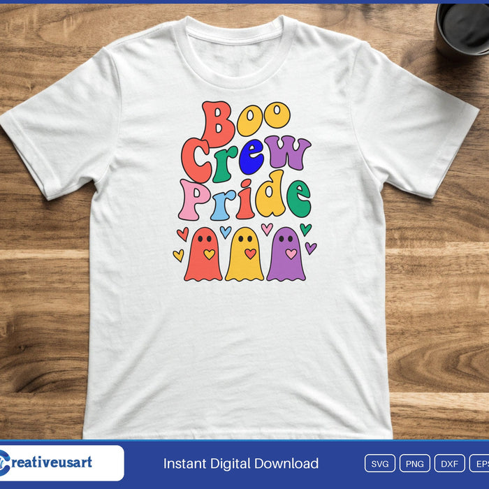 Four rainbow colored ghosts with hearts under the words Boo Crew Pride, on a white t-shirt