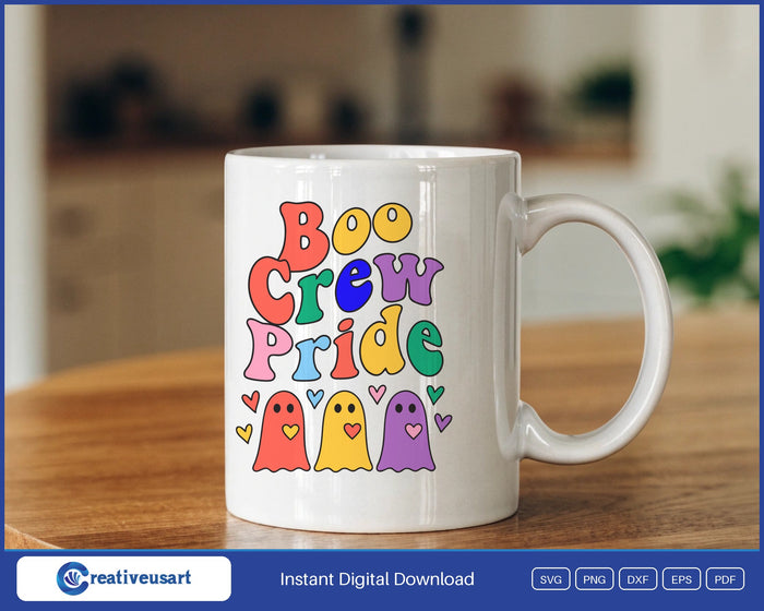 Boo Crew Pride rainbow ghosts Halloween SVG design on a white coffee mug
