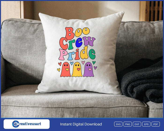 Boo Crew Pride rainbow ghosts Halloween SVG design on a white throw pillow