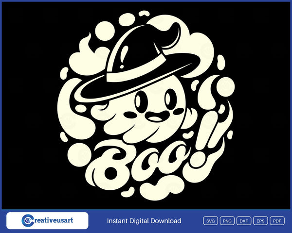 Boo cloud ghost SVG design in a witch hat on black background
