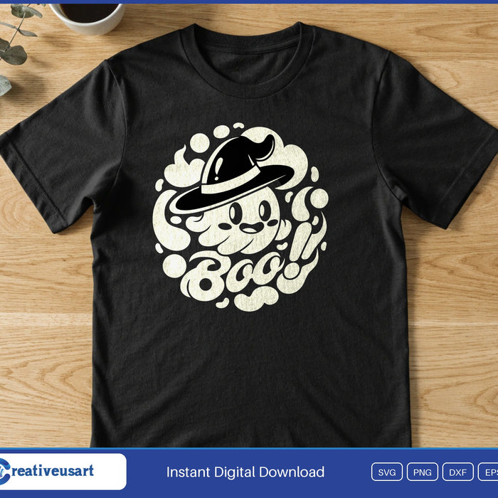 A smiling cloud ghost in a witch hat surrounded by bubbles, above the word Boo!, on a black t-shirt