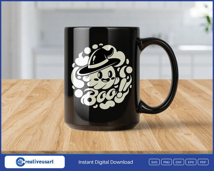 Boo cloud ghost SVG design on a black coffee mug