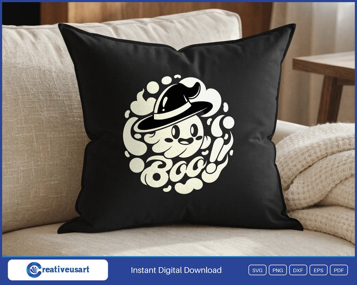 Boo cloud ghost SVG design on a black throw pillow