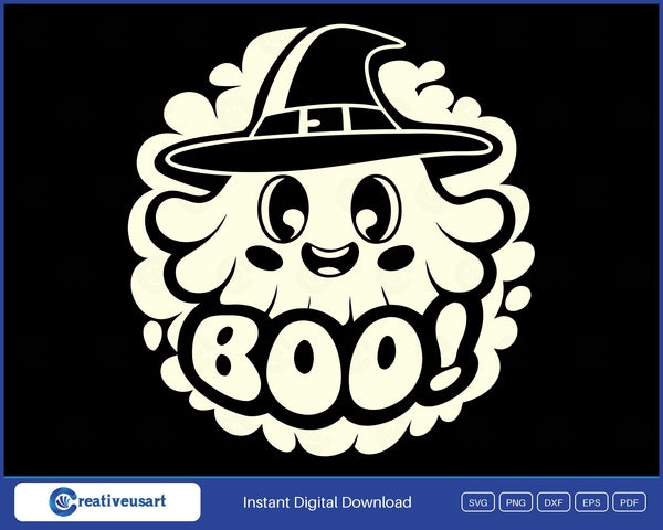 Boo ghost in a striped witch hat SVG design on black background