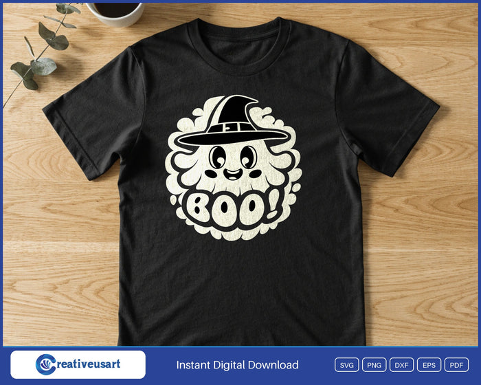 Boo ghost in a witch hat SVG printed on a black t-shirt