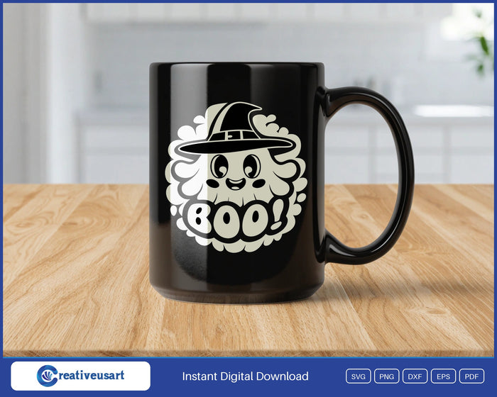 Boo ghost in a witch hat SVG design on a black coffee mug