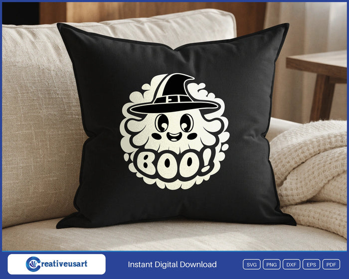 Boo ghost in a witch hat SVG design on a black throw pillow