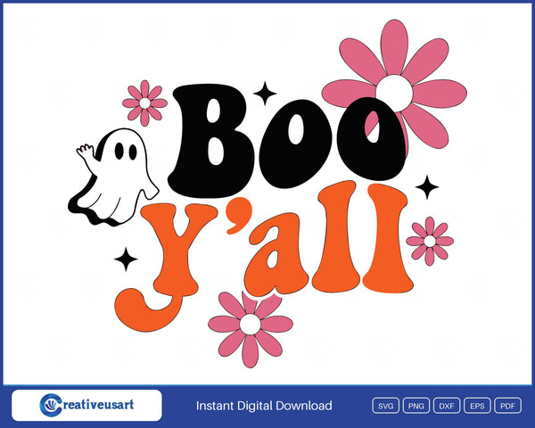 Boo Y'all ghost and daisies Halloween SVG design on white background