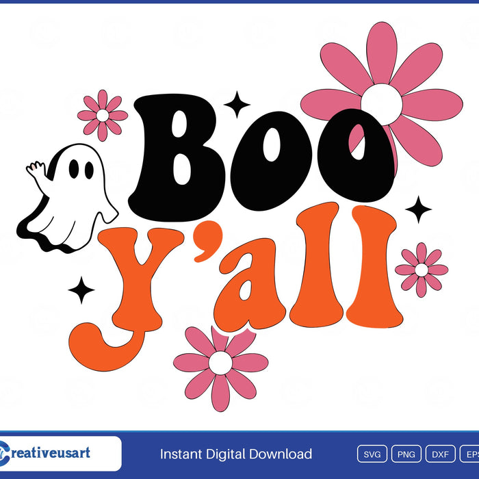 Boo Y'all ghost and daisies Halloween SVG design on white background