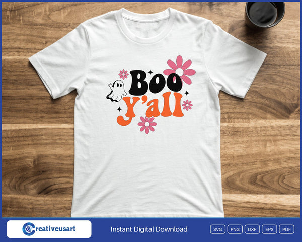 Boo Y'all ghost and daisies Halloween SVG printed on a white t-shirt