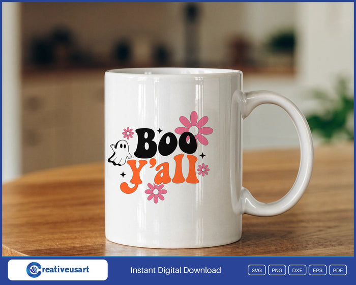 Boo Y'all ghost and daisies Halloween SVG design on a white coffee mug