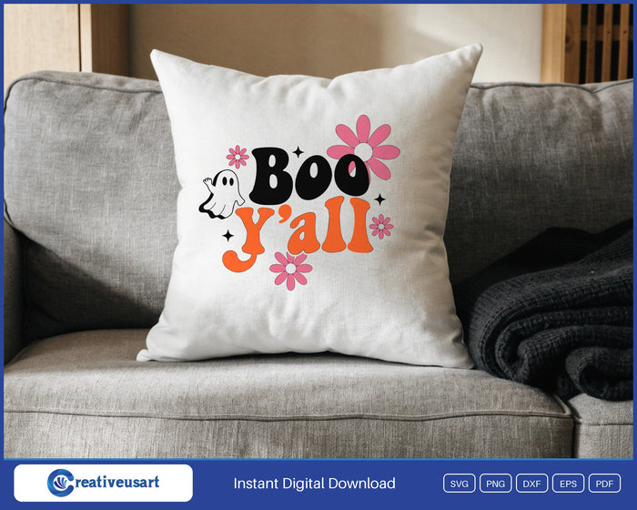 Boo Y'all ghost and daisies Halloween SVG design on a white throw pillow