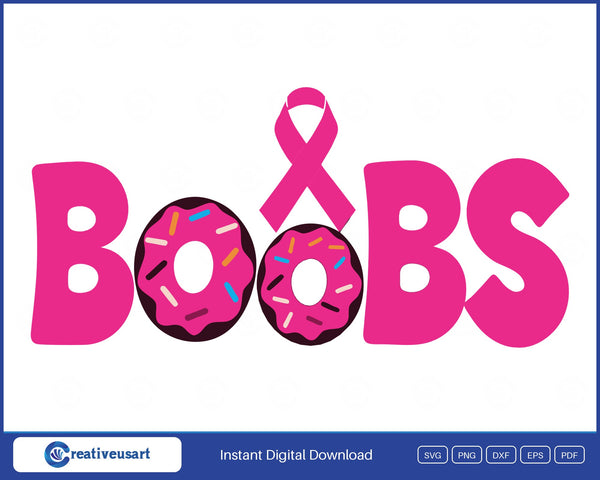 Boobs spelled with two sprinkled pink donuts and a pink ribbon, breast cancer awareness SVG cut file design