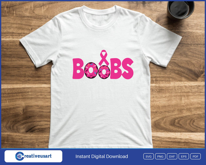 Boobs spelled with two sprinkled pink donuts and a pink ribbon, breast cancer awareness design on a white t-shirt