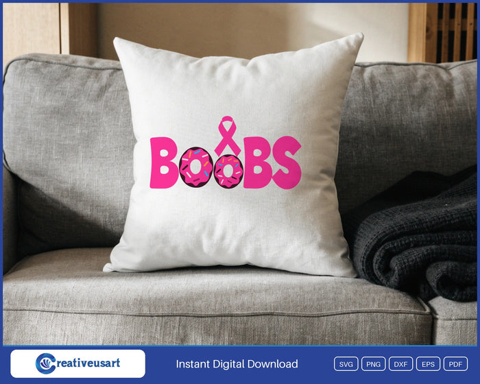Boobs spelled with two sprinkled pink donuts and a pink ribbon, breast cancer awareness design on a white throw pillow