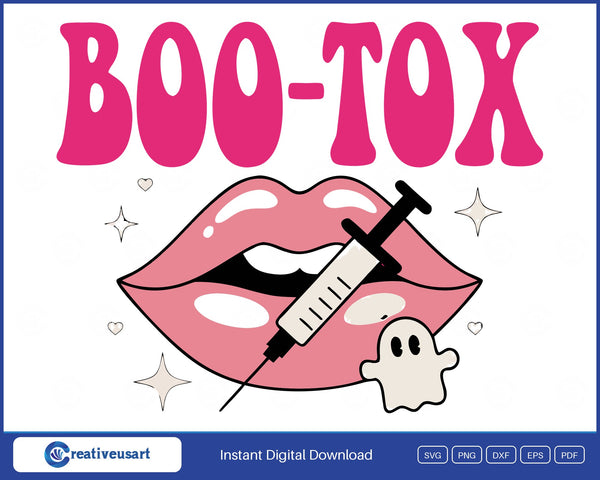 Glossy retro lips with a syringe and a small ghost above bold BOO-TOX lettering, Halloween SVG on white background