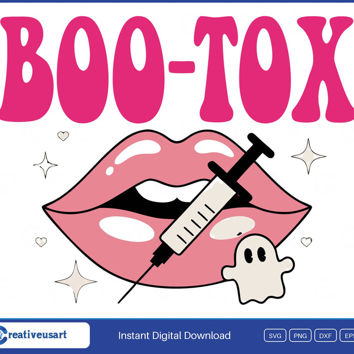 Glossy retro lips with a syringe and a small ghost above bold BOO-TOX lettering, Halloween SVG on white background