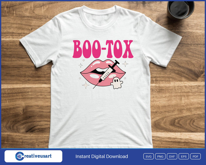 BOO-TOX glossy lips Halloween SVG printed on a white t-shirt, a funny gift for a nurse or aesthetician