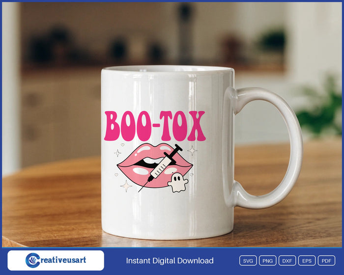 BOO-TOX glossy lips Halloween SVG design on a white coffee mug