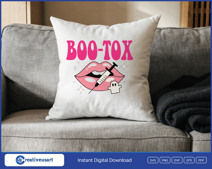 BOO-TOX glossy lips Halloween SVG design on a white throw pillow
