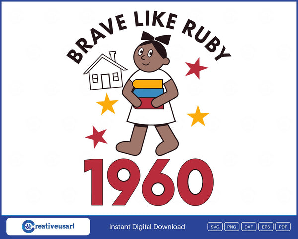 Brave Like Ruby 1960 SVG, an original cartoon schoolgirl carrying books past a little house with red and yellow stars
