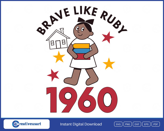Brave Like Ruby 1960 SVG, an original cartoon schoolgirl carrying books past a little house with red and yellow stars