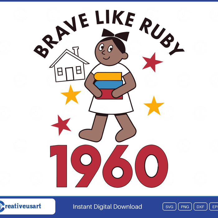 Brave Like Ruby 1960 SVG, an original cartoon schoolgirl carrying books past a little house with red and yellow stars