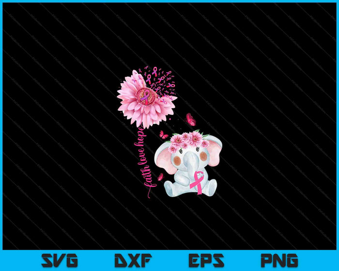 Breast Cancer Cute Elephant With Sunflower And Pink Ribbon SVG PNG Digital Cutting Files