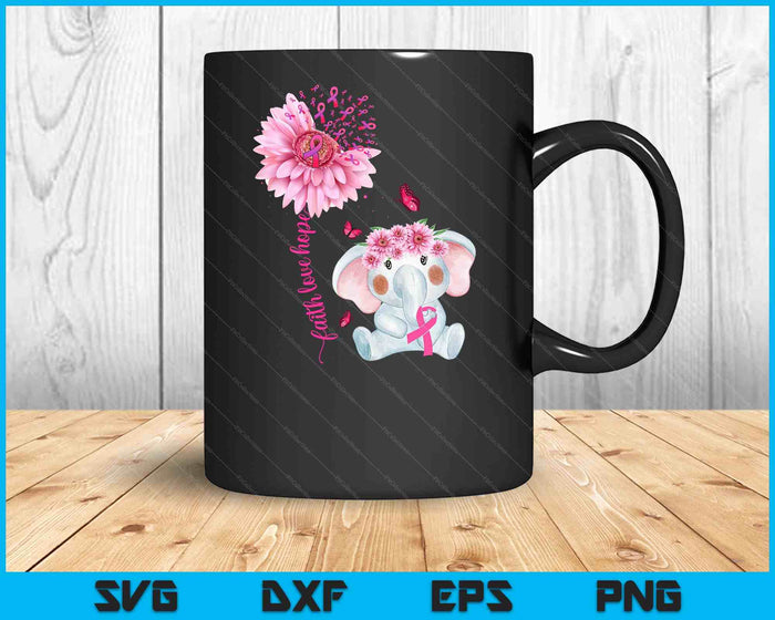 Breast Cancer Cute Elephant With Sunflower And Pink Ribbon SVG PNG Digital Cutting Files