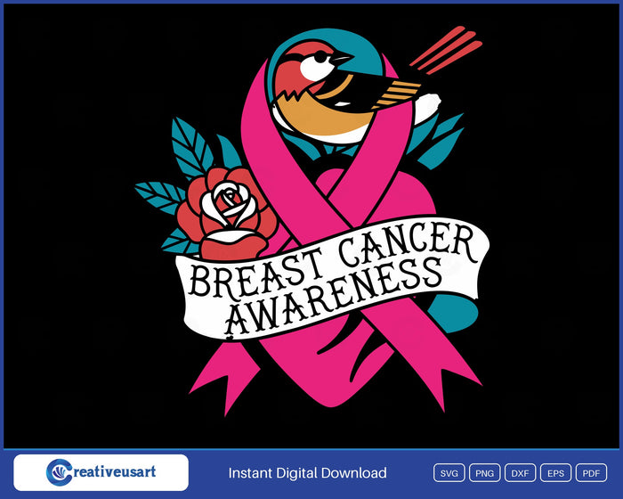Breast Cancer Awareness tattoo flash pink ribbon with a red rose, a swallow and a banner SVG design on a black background