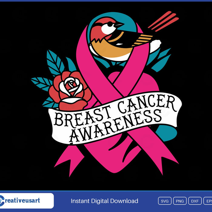 Breast Cancer Awareness tattoo flash pink ribbon with a red rose, a swallow and a banner SVG design on a black background