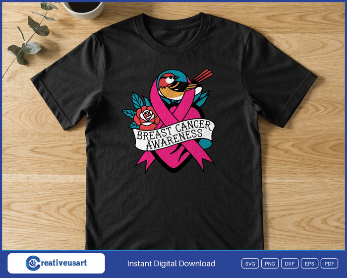 Breast Cancer Awareness tattoo flash pink ribbon with a rose and a swallow SVG printed on a black t-shirt