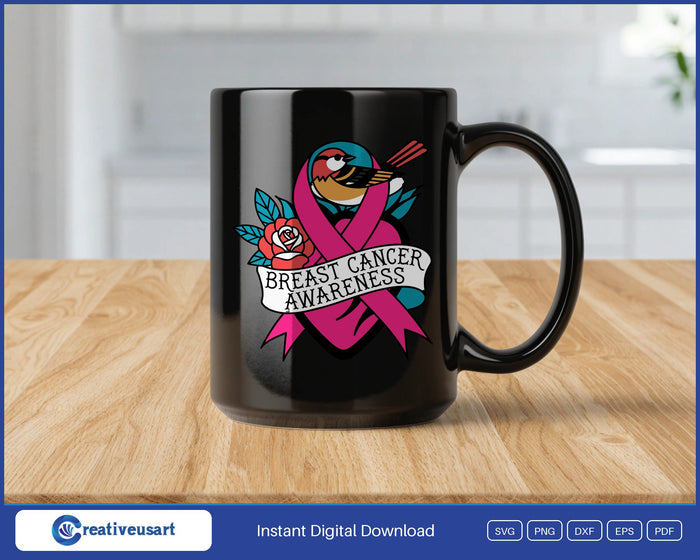 Breast Cancer Awareness tattoo flash pink ribbon with a rose and a swallow SVG design on a black coffee mug
