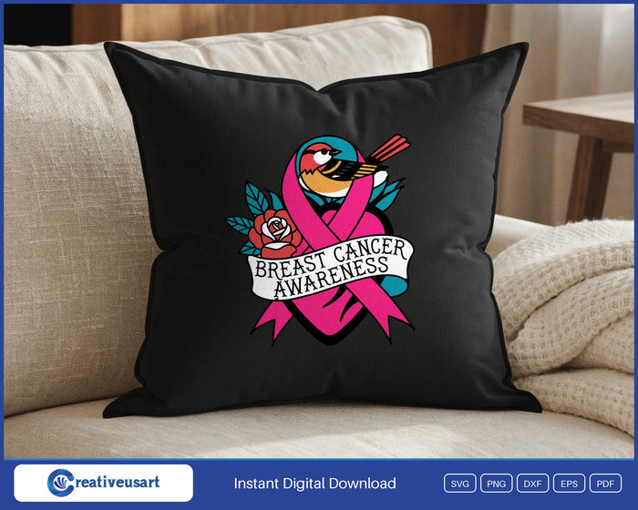 Breast Cancer Awareness tattoo flash pink ribbon with a rose and a swallow SVG design on a black throw pillow