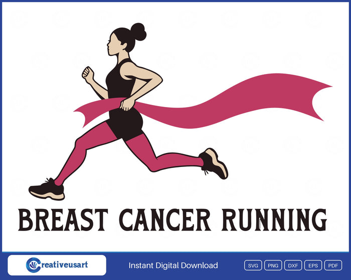 Breast Cancer Running, a runner crossing a finish line shaped like a pink ribbon, in bold letters SVG design on a white background