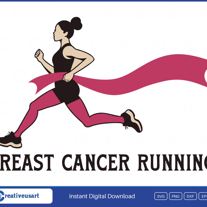 Breast Cancer Running, a runner crossing a finish line shaped like a pink ribbon, in bold letters SVG design on a white background