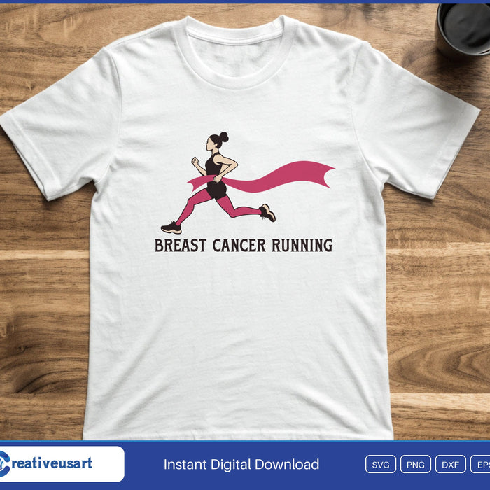 A woman running with a long pink ribbon streaming behind her, above the words Breast Cancer Running, on a white t-shirt