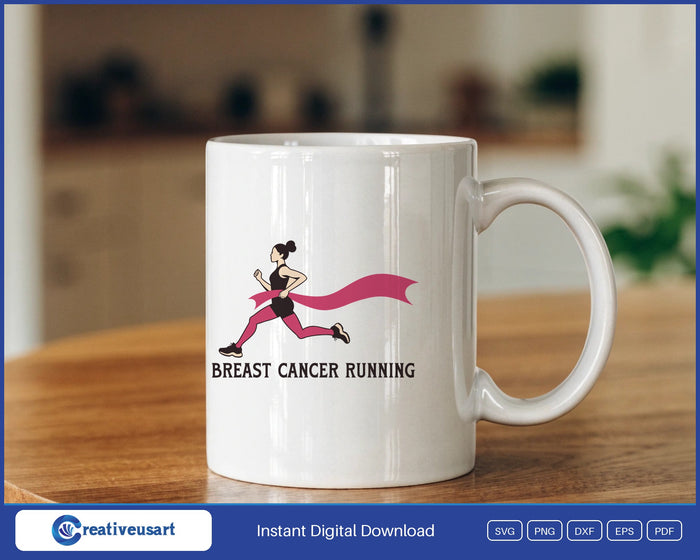 Breast Cancer Running with a runner crossing a pink ribbon finish line SVG design on a white coffee mug